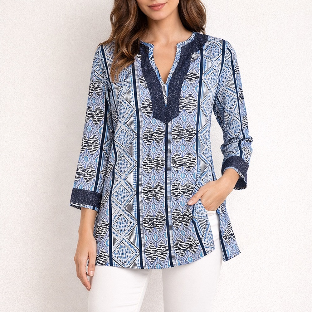STS Sail to Sable Blue Black Geometric Tunic XS Resort Top Like New!